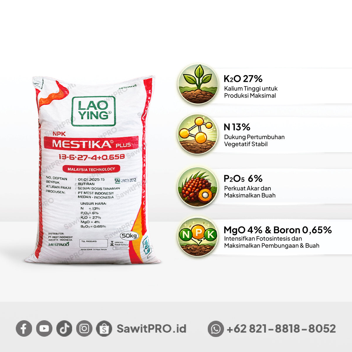 NPK Mestika Plus 13-6-27-4+0.65B 50kg